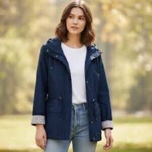 Lands End Navy Blue Hooded Jacket with Floral Trim Medium Like NEW